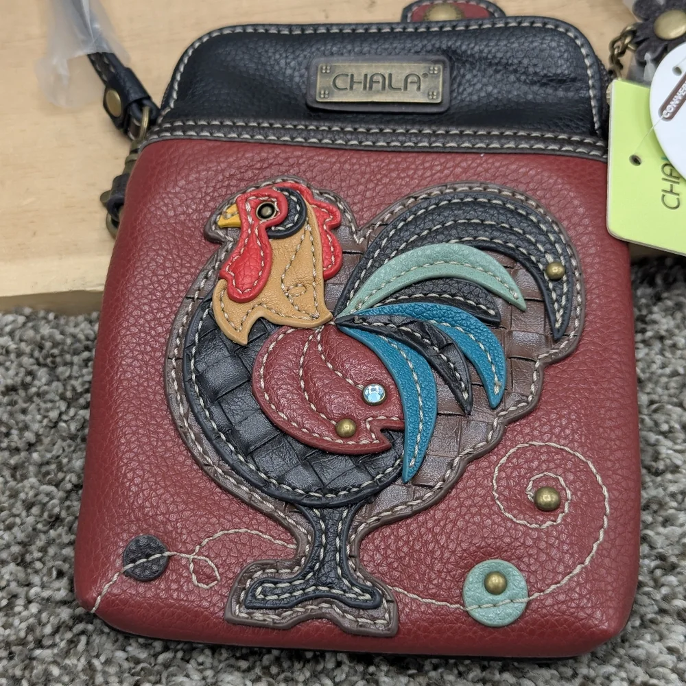 Chala Raised Leather Rooster Design Small Purse Shoulder Bag Card Phone Holder - Picture 2 of 5